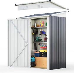 Quictent 5x3 FT Outdoor Storage Shed, Metal Garden Tool Shed with 2-Way Sloping Roof & 28" Wide Lockable Door, Waterproof Galvanized Steel for Backyar