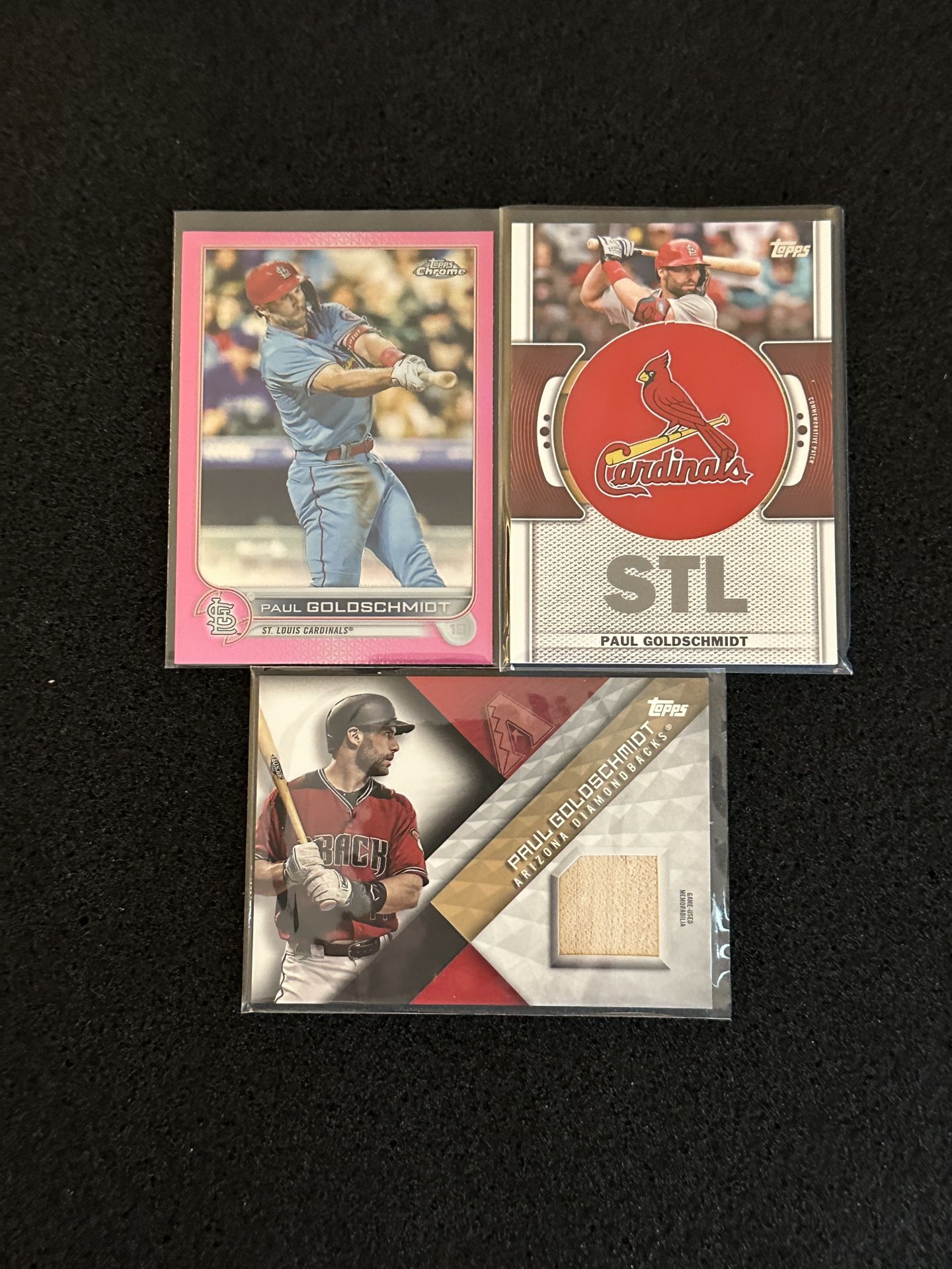 Paul Goldschmidt 3 Card Lot Pink Parallel Game Used Bat Team Logo Patch Relic