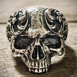 Sterling Silver 925 Skull Floral Ring For Men Size 9