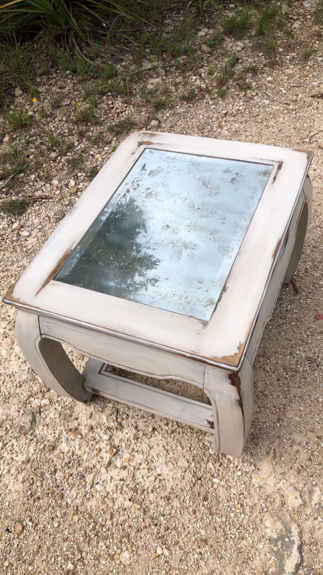 Oak table with antique mercury glass mirror top