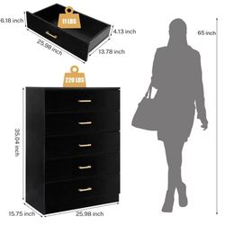Modern 5-drawer cabinet, black, with gold handles,wood
