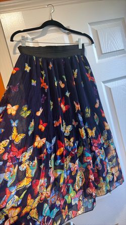 Navy Pleated Butterfly Print Midi Skirt
