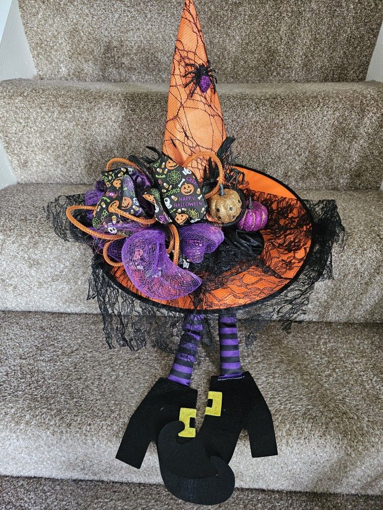 $25.00 - Halloween Handcrafted Statement Accent!  Display With Hanging Witch Feet OR Use Hat Alone!  Colorful/Whimsical  & Like New!