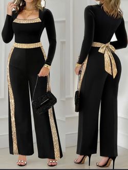 Sequins Spliced Jumpsuit Elegant Long Sleeve Color  rose gold