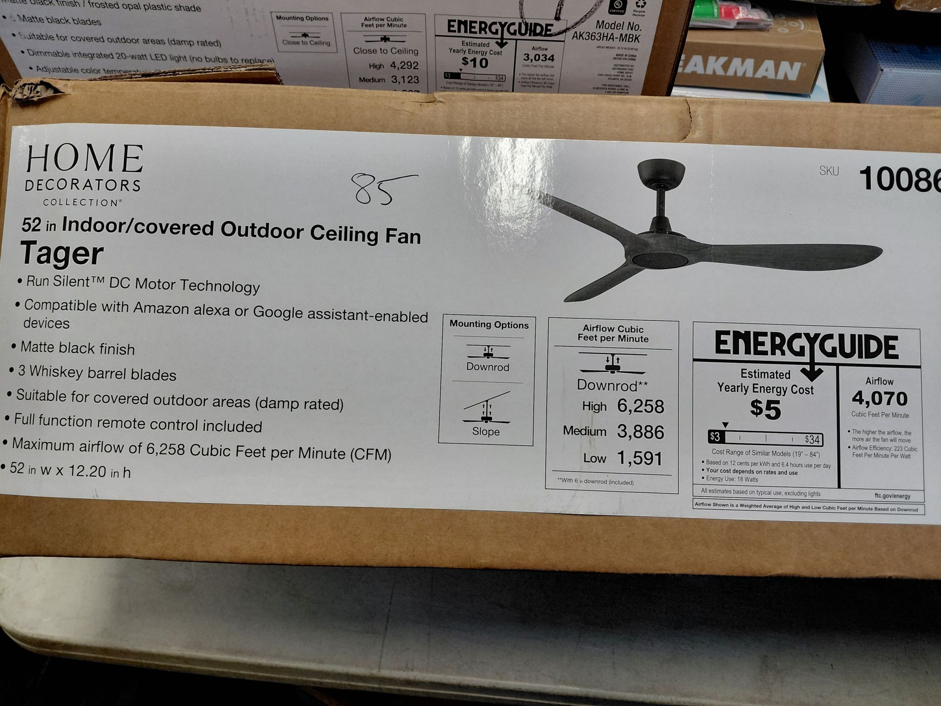 Home Decorators tager 52" Indoor/Outdoor Ceiling Fan In Matte black (alexa and Google assistant compatible)