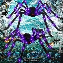 59" LED Purple Light-Up Giant Halloween Spider Decoration - Scary Realistic Red Vivid Eyes Spider for Indoor, Outdoor
