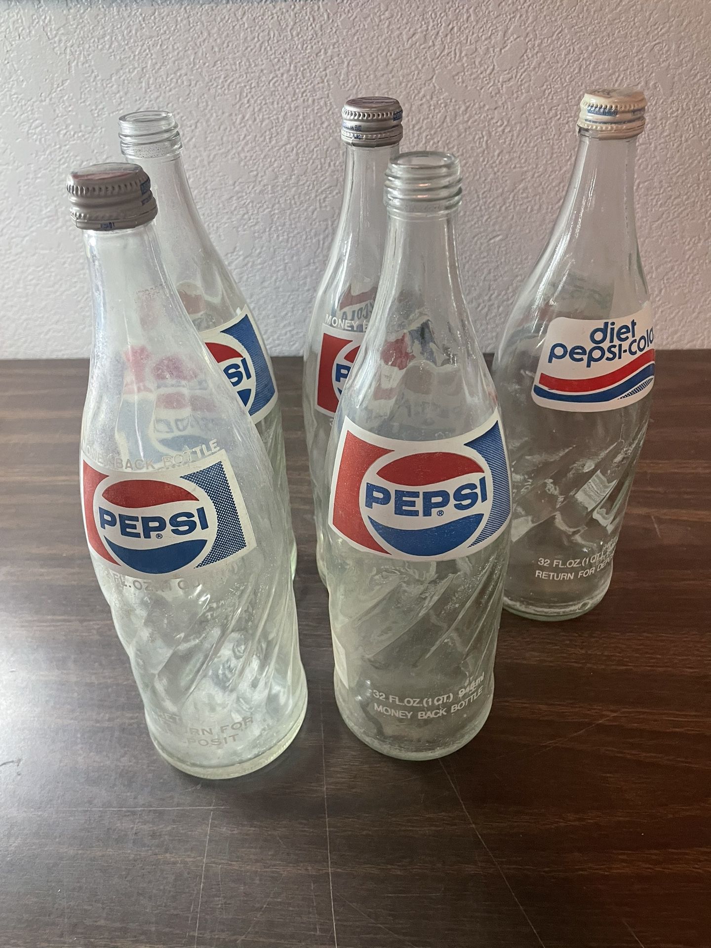 5 Vintage 32oz Pepsi Diet Pepsi Glass Bottles