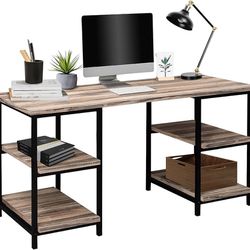 Large Size/ Computer Desk, Home Office Desk with 4 Storage Shelves on Left & Right Modern Simple Style 59" Long Large Study Table, Rustic Wood Desk