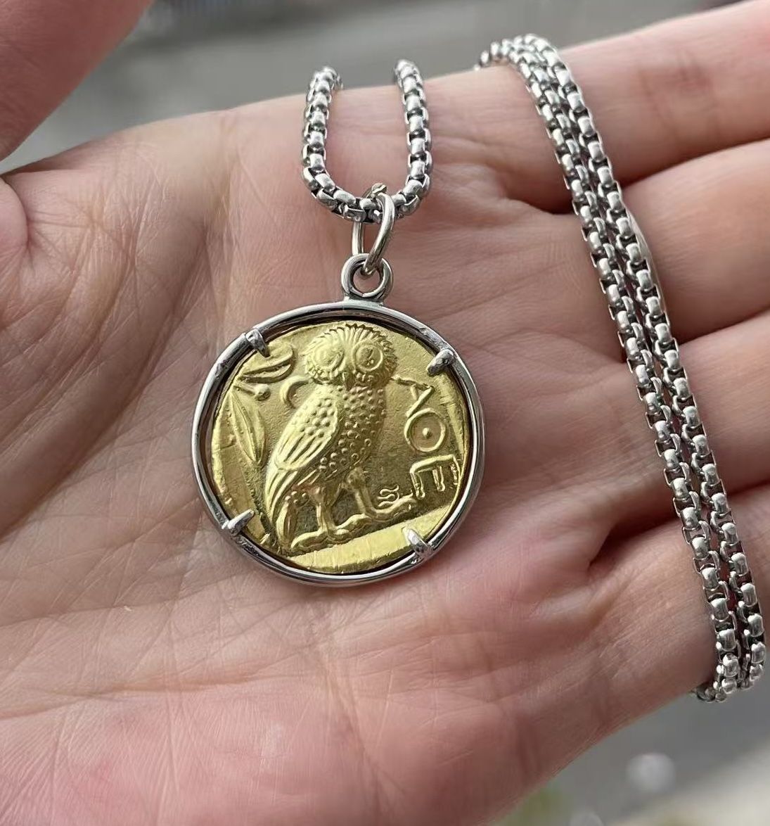 Womens Mens Vintage Copper Ancient Greek Owl Bird Athena Coin Pendant Necklace