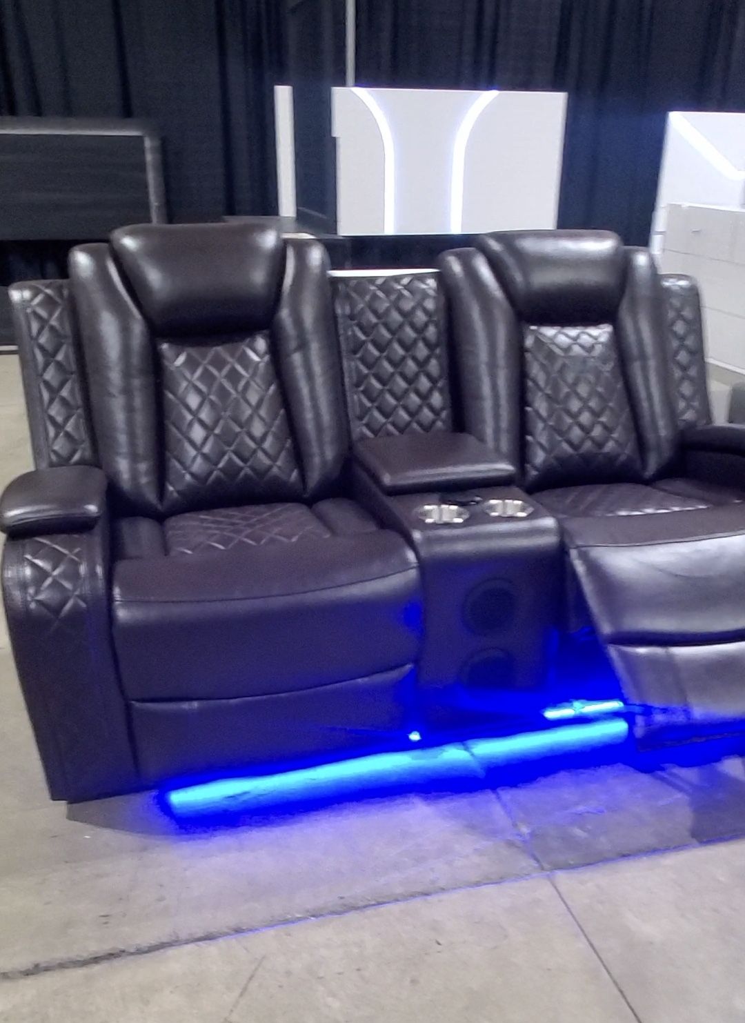 Black Leather Sofa + Loveseat With Power Recliner Chairs, LED Lighting