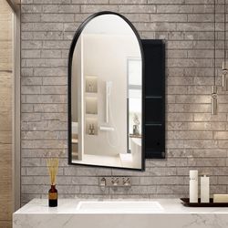 24x36 Inch Arched Recessed Medicine Cabinet - Metal Framed Bathroom Wall Cabinet with Mirror & Adjustable Shelves (Matte Black)