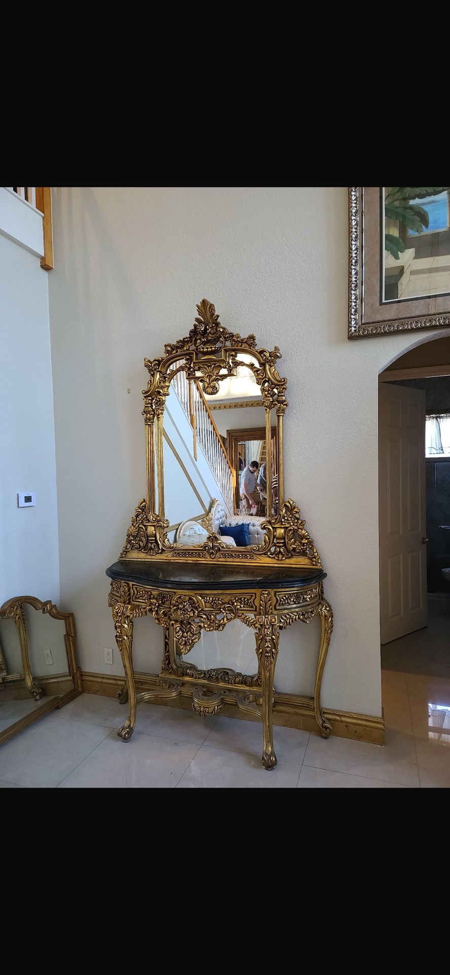 French Chateau Gold Console Table & Mirror