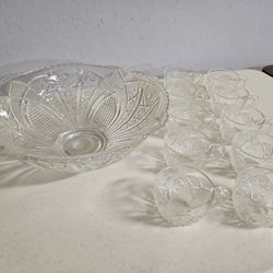 Antique Crystal Glass Punch Bowl Set