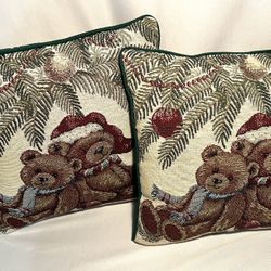 2 Vintage Teddy Bears Square Tapestry Pillows For Christmas Holiday