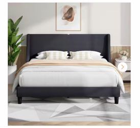 NIECELO Upholstered Bed Frame with Headboard and Wingback. Dark Grey Queen Size Bed Frame atform Bed with USB and Type-C Ports