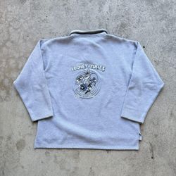 Vintage 90’s Looney Tunes ‘That’s All Folks” Embroidered Pullover Sweater Grey 