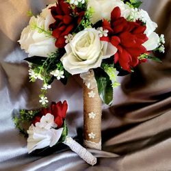 Red Chrysanthemum and White Roses Bride Bouquet and Groom boutonnière Set