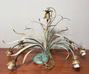 Vintage Italian 6 Arms Bohemian Tole Leaf Design Chandelier