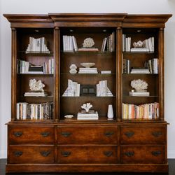TUSCAN WALNUT BOOKSHELF WITH DRAWERS, GLASS SHELVES AND LIGHTS