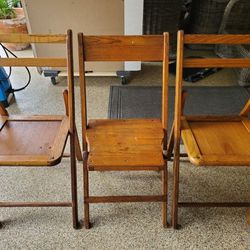  3 Vintage / Antique Solid Oak VFW Military Folding Chairs