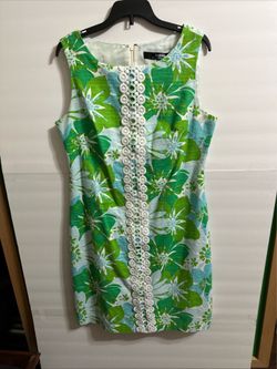 Kensie Shift Dress Womens Sz 4 Lace 1960s Green Floral Embroidered Trim Back Zip