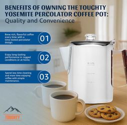 Toughty Yosemite Percolator Coffee Pot – Classic Stovetop Coffee Maker for Camping, Hiking & Home, Durable Stainless Steel Pot, Compatible with All St