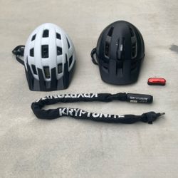2 Bike Helmets + Kryptonite Lock + Floor Pump + Magnetic Light