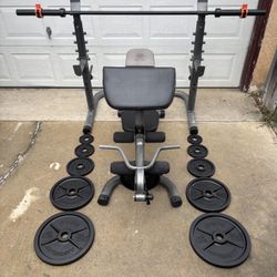 Olympic Weights, 7-ft Olympic Bar, Adjustable Bench, Squat Rack