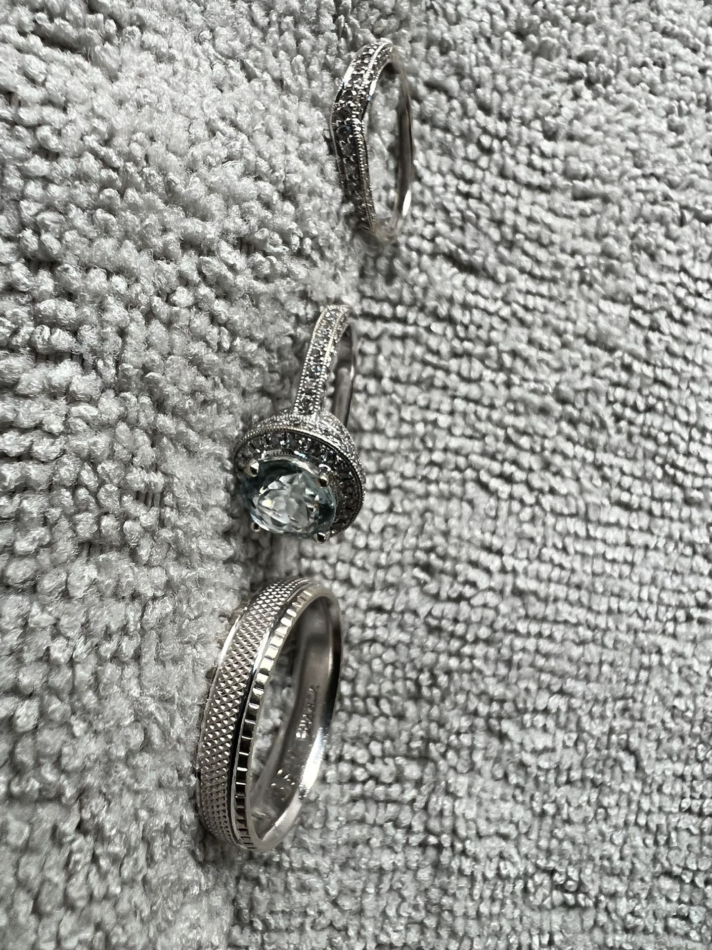 14k White Gold Aquamarine/ Diamond Engagement Ring Band And Mens Band