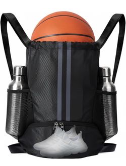🆕 in 📦 Sports Drawstring Backpack with Shoes Compartment,String Gym Bag with Wet Proof Pocket for Basketball,Soccer,Swim,Black Sport Bag