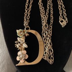 30” Goldtone Necklace With a Large D Initial Pendant ( Rose,bee,and Flower W/ Rhinestones )