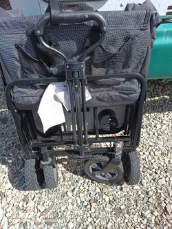 A,Mac Sports Heavy Duty Steel Frame Collapsible Folding 150 Pound Capacity Outdoor Garden Utility Wagon Yard Cart with Table and Cup Holders, Grey

