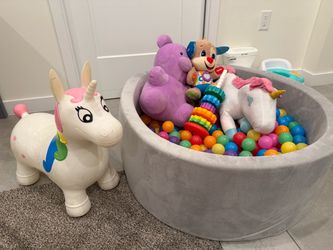 Kids Ball Pit + Toys + Unicorn Bouncy Horse
