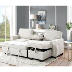 Beige Fabric Reversible Sleeper Sectional with Storage Chaise Drop-Down Table 2 Cup Holders and 2USB Ports 
