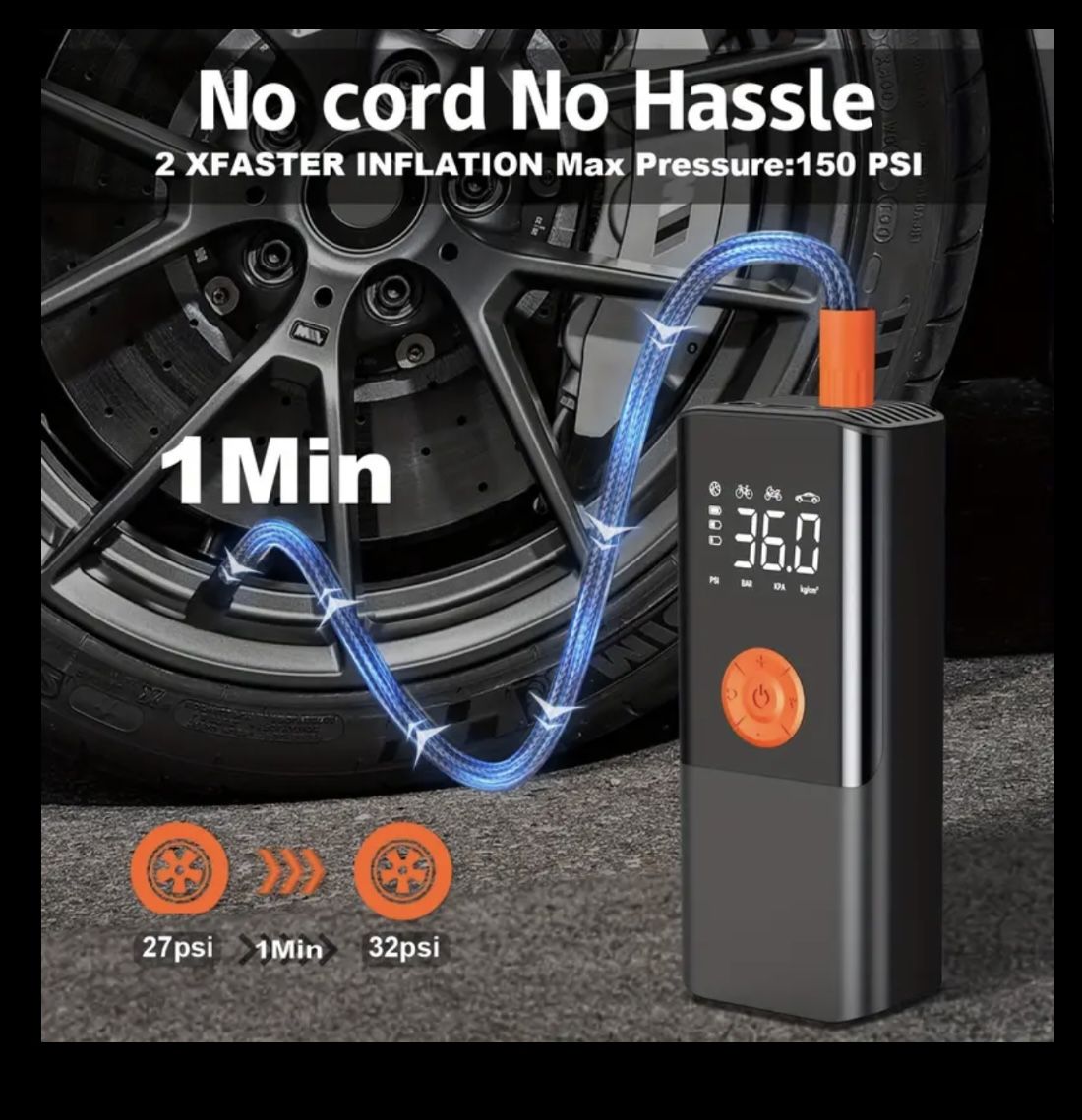 Portable Tire Inflator - Car Air Compressor with Digital Pressure Gauge - 150 PSI - Motorcycle, Electric Bike, and Bicycle Pump with LED Light