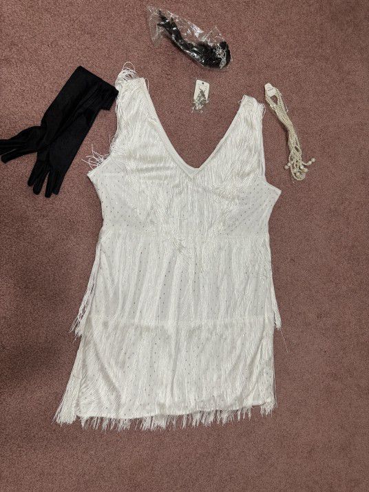 New Xl White Fringe Flapper Dress Costume 