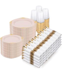 Nervure 700-Piece Pink Plastic Plates Set For 100 Guests