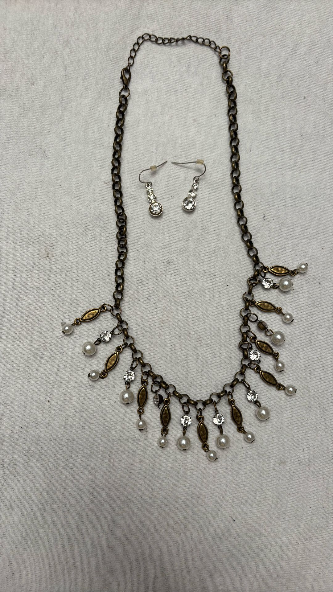 Faux Pearl N Brass Charm Necklace With Earrings