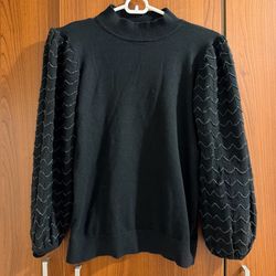 Black Puff-Sleeve Crew Neck Sweater - Classic Women's Knit