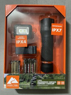 2-Piece Weatherproof Composite Flashlight & Headlamp by Ozark Trail (Brand New)