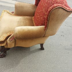 Vintage Porta Bella Wingback Chair,  Ornate Wood Legs 