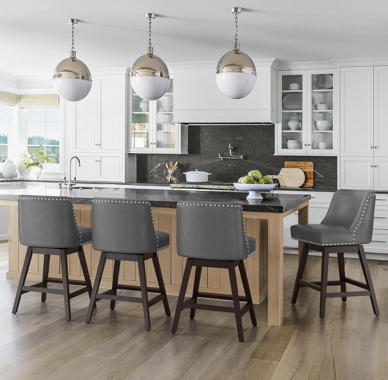 Set of 4. Dark Gray Swivel Counter Stools with Back, Faux Leather Upholstered Barstools