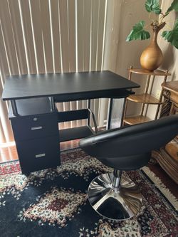 Black Desk Wooden And Metal With Black Swivel Chair (Two Available For Sale)