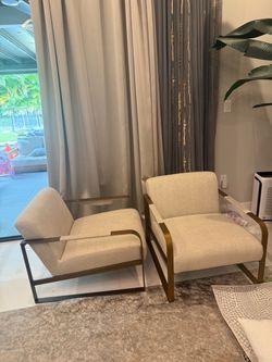 Modern Luxury Accent Chairs – Cream & Bronze Metal Frame (Set of 2)