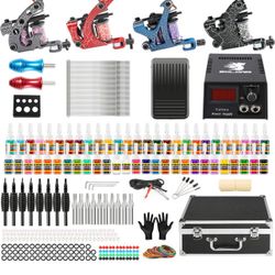 Solong Complete Tattoo Kit 4 Pro Machine Guns 54 Inks Power Supply Foot Pedal Needles Grips Tips Carry Case TK456-US