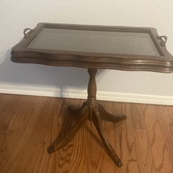 Antique Wood End Display Table With Removable Glass Tray