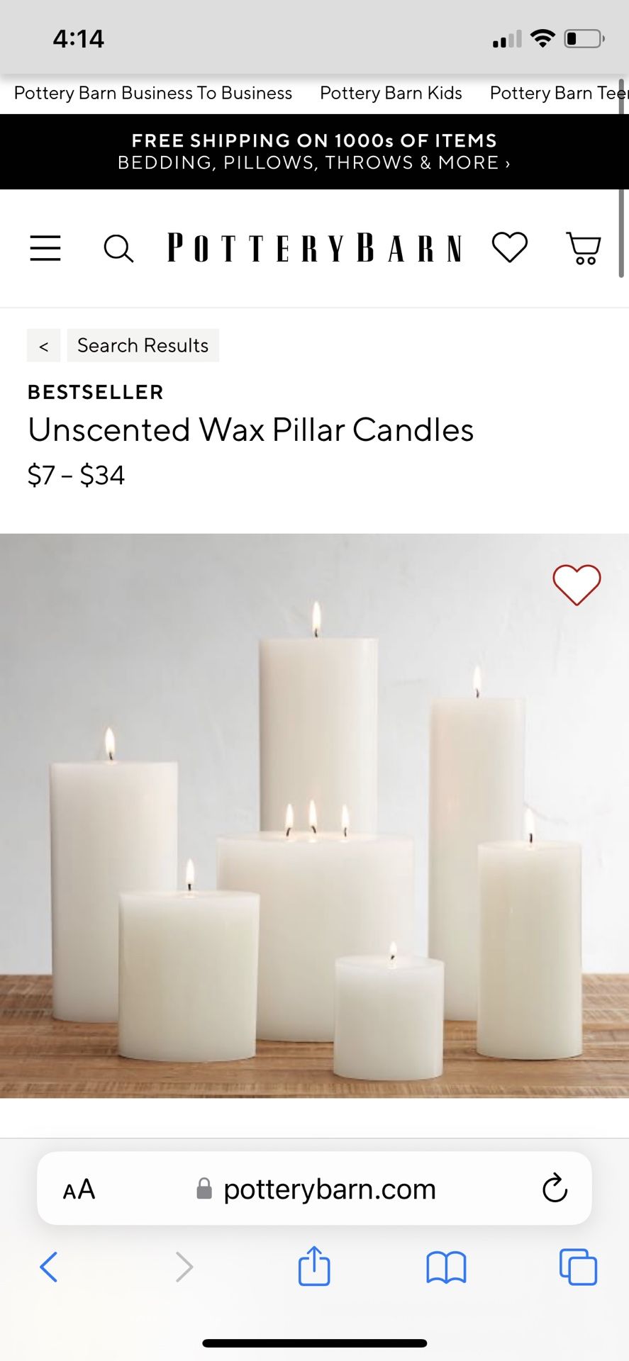 New! Pottery Barn 3”x10” unscented wax pillar candle in white