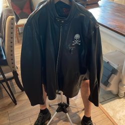 XL XXL HEAVY LEATHER JACKET CUSTOM WITH SKULL & Crossbones And Winter Liner 