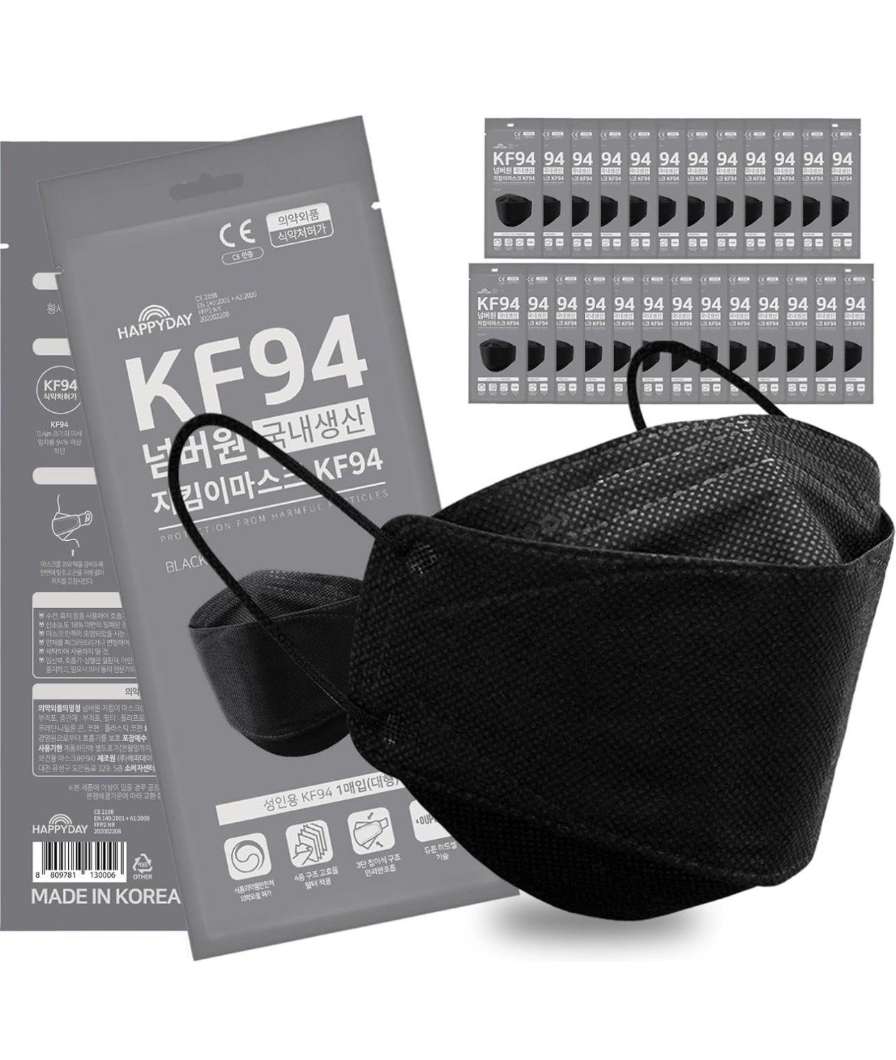 HAPPYDAY , 19 Packs , Made in KOREA Premium KF94 Micro Dust Protection Individually Packaged Black Face Mask Large