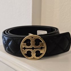 Brand New Black Tory Burch Willa Quilted Belt With Gold Logo Buckle. Size M
